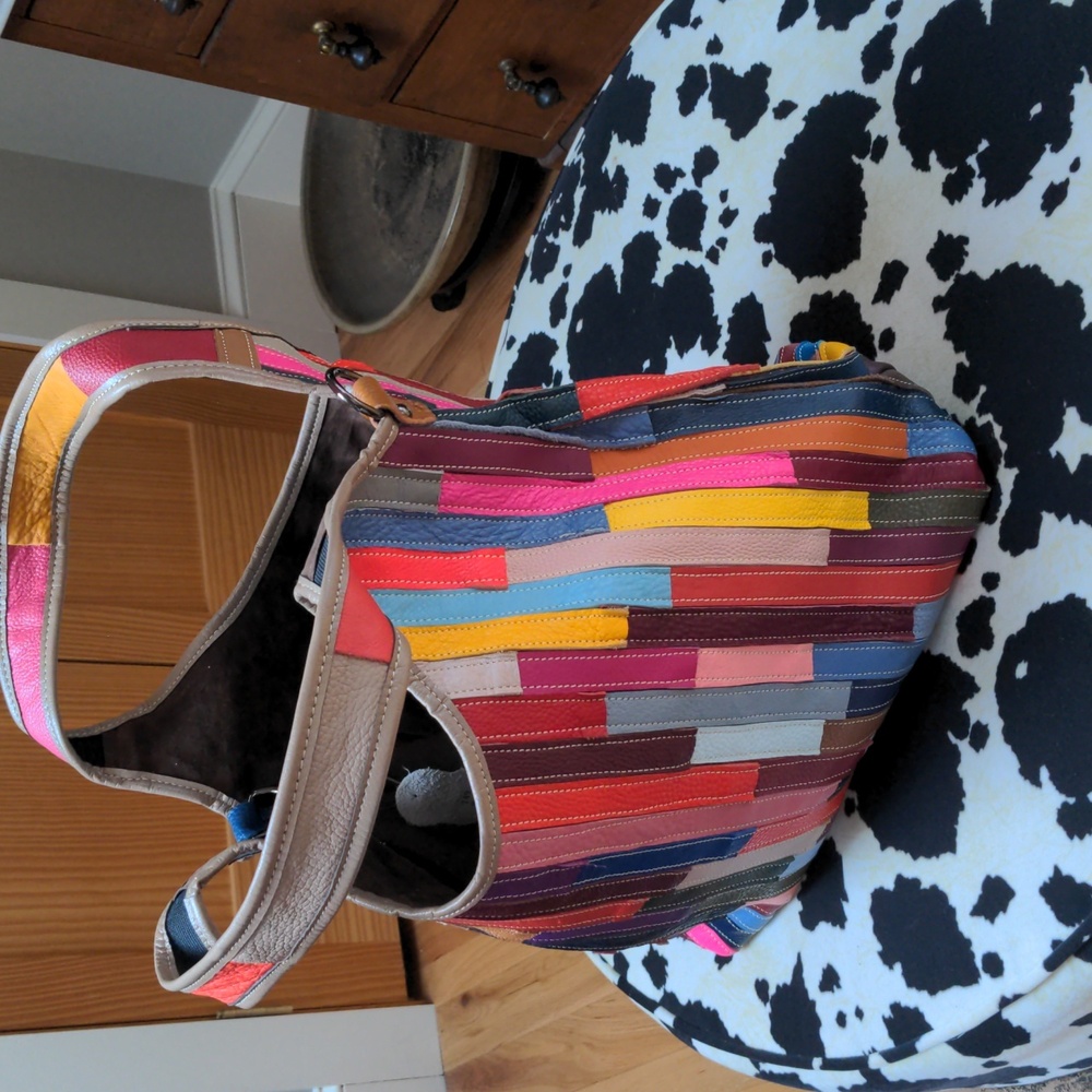 Multicolored Suede And Leather Patchwork Tote Bag. - image 1